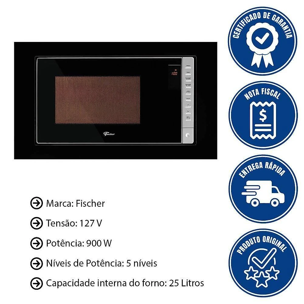 Micro-ondas Fischer Fit Line Embutir 25l Moldura Preta 110V Com Função Descongelar 34915(98445)