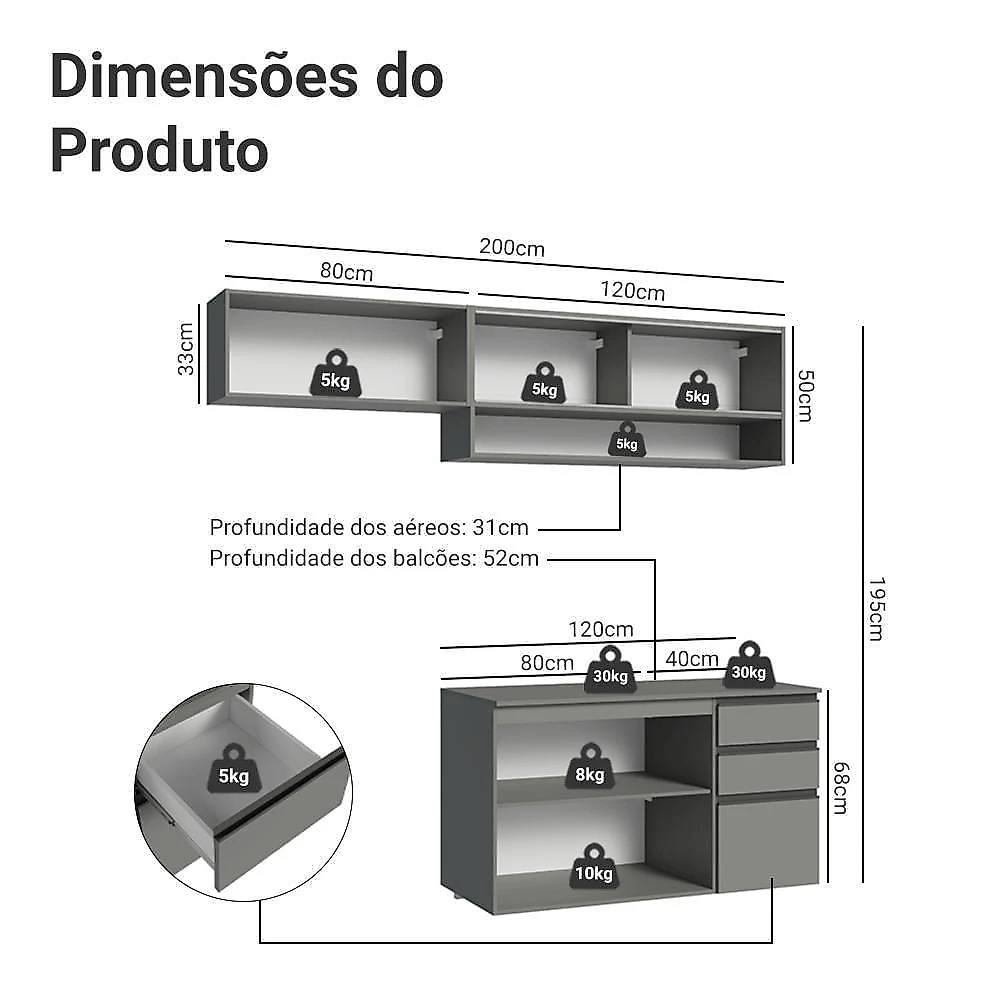 Armário De Cozinha Compacta Suspenso 200cm Nice Madesa 11 Cinza