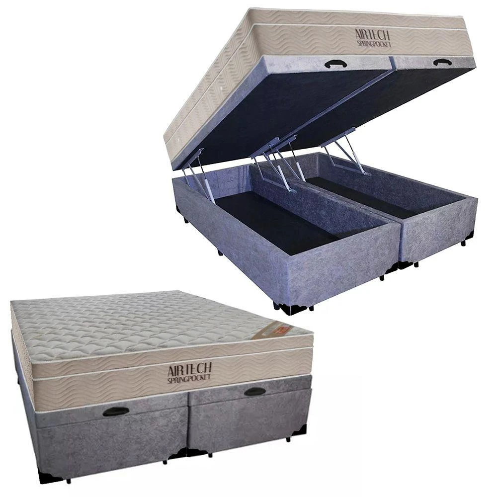 Cama Box com Baú Queen Airtech Suede Bipartido Colchão Molas Ensacadas Cinza Ortobom