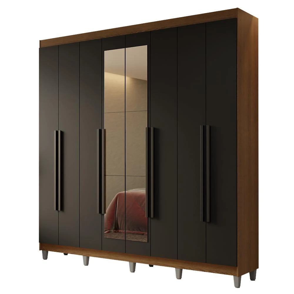 Guarda-roupa casal com pés 8 portas batentes com espelho rustic/preto/preto netuno madesa
