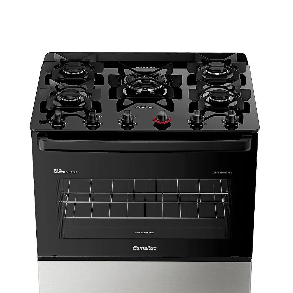 Fogão A Gás Mesa De Vidro Limpa Esmaltec Ideal Master Glass T5vfi Inox 5 Bocas Bivolt
