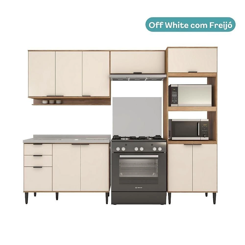 Armário De Cozinha Completa C Balcão Miami Box Carraro Off White C Freijó