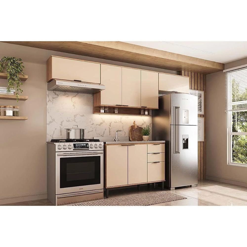 Cozinha Alpha C4P179 7 Portas 2 Gavetas MDF 120CM Freijó e Off White Carraro
