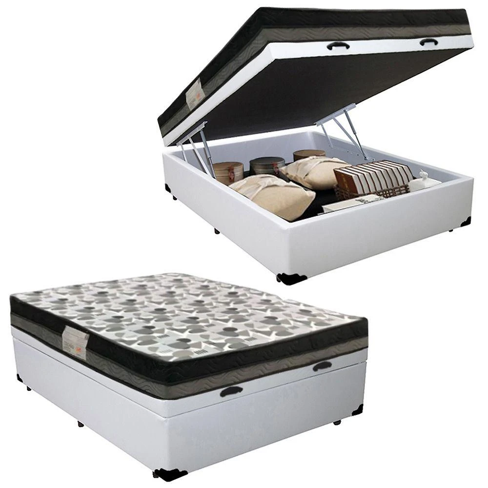 Kit Cama Box Baú Casal Iso Dupla Face Espuma Courino Branco Ortobom