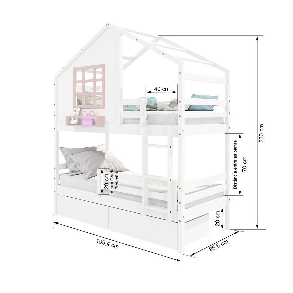 Beliche Casinha Com Janela Com 02 Gavetas E Grade De Proteção Madeira Maciça Branco- Rosa Housin