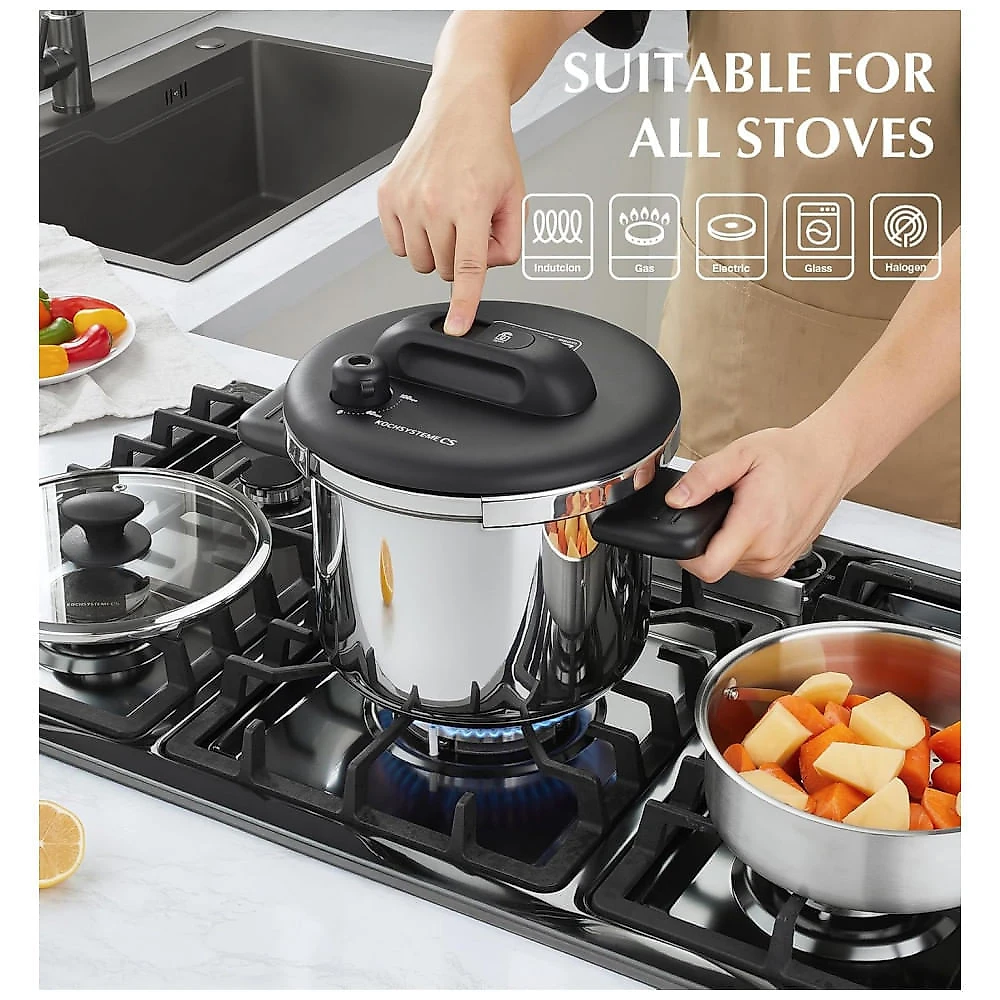Panela de Pressão em Aço Inoxidável KOCH SYSTEME CS, 6,3 litros Olla de Pressão, Trava Easy OnePress, 3 Configurações de Pressão 3 PSI,