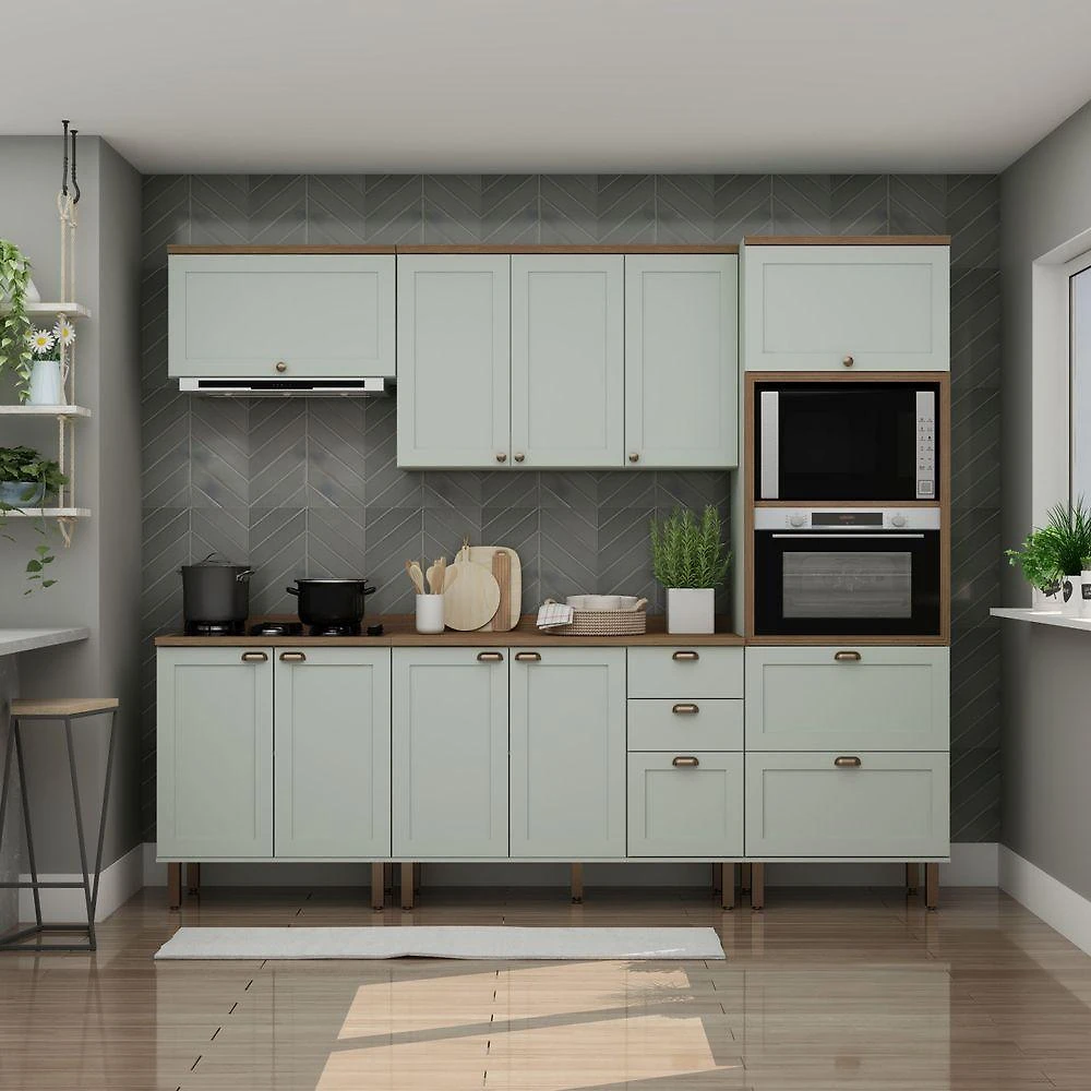 Cozinha Compacta Iluminata 10 Portas 4 Gavetas MDF-MDP 280CM Verde Mint e Ébano Genialflex