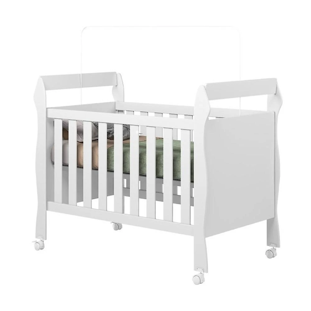 Quarto de Bebê com Berço Mini Cama, Cômoda 1 Porta 4 Gavetas e Roupeiro Flocos 3 Portas 2 Gavetas Branco