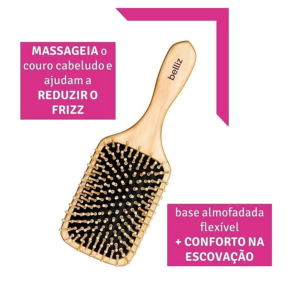 Escova De Cabelo Belliz Raquete Cerdas De Madeira Reduz Frizz 25cm