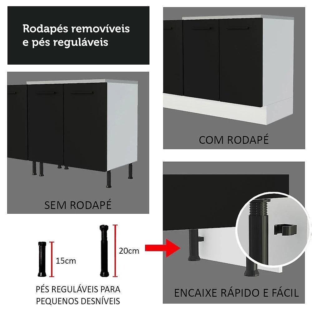 Kit com balcão e armário aéreo multiuso 120cm branco/preto agata madesa