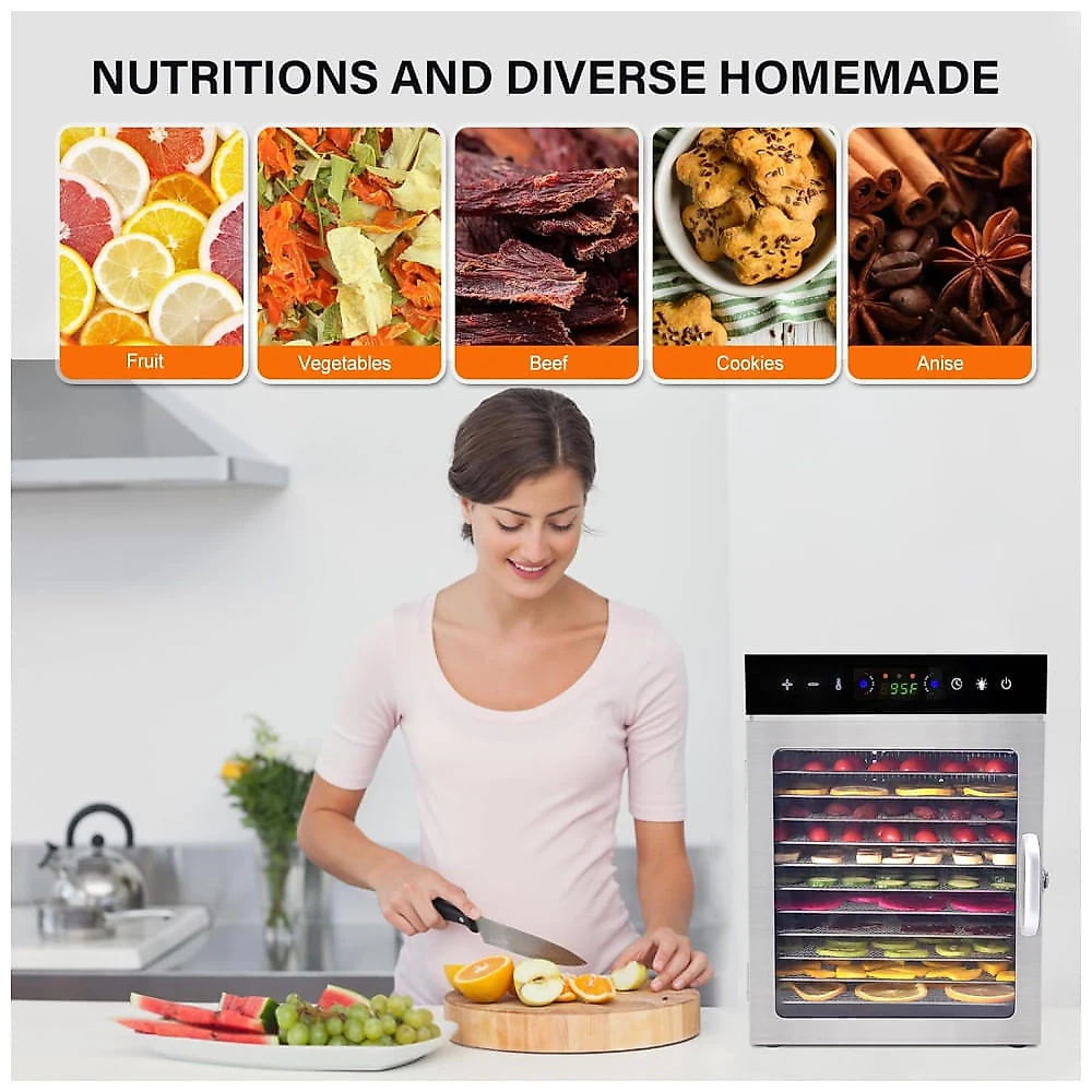 Desidratador de Alimentos HOPERAN, 12 Bandejas de Aço Inoxidável, Controle de Temperatura 90°C, Temporizador 24H, 800W 110v