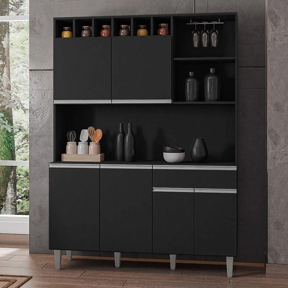 Kit Cozinha Compacta Alice 130Cm Com 6 Portas E 1 Gaveta Preto Fosco - Desk Design