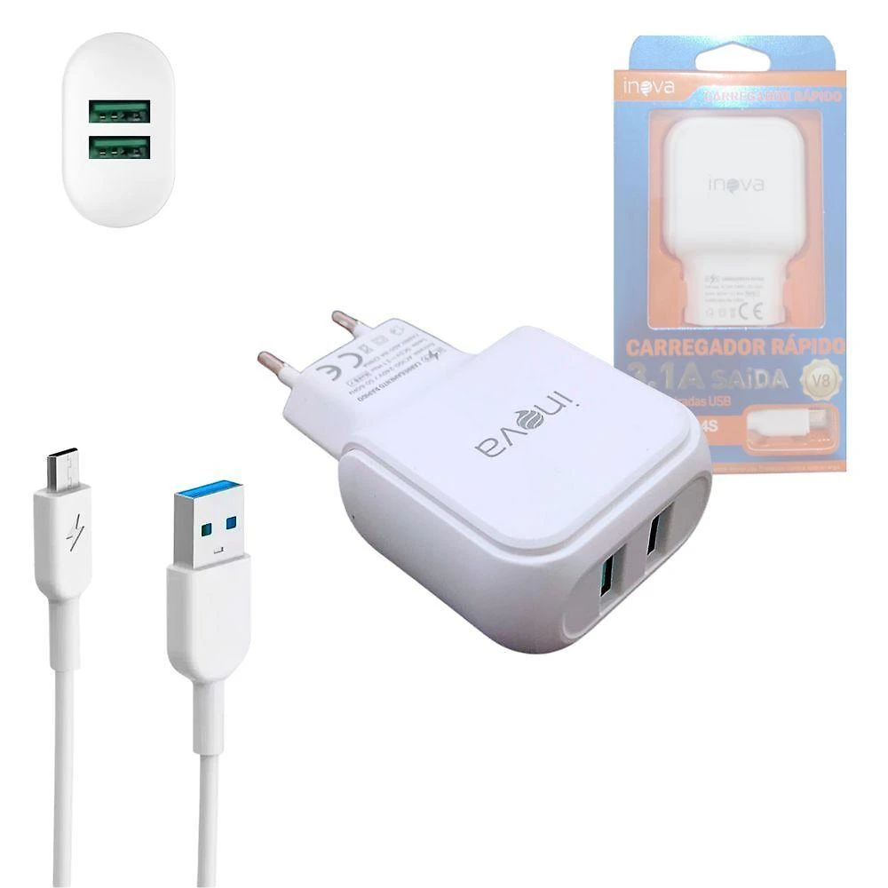Carregador Completo Rápido 02 Portas Usb 3.1a Cabo V8