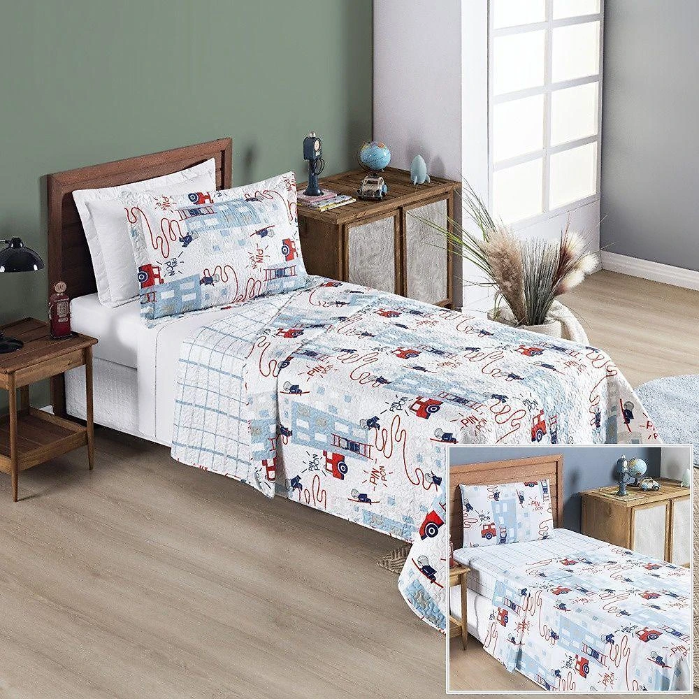 Kit Colcha + Jogo De Cama Bouti Kids Solteiro Infantil 5 Peças 100% Poliéster - Bombeiro