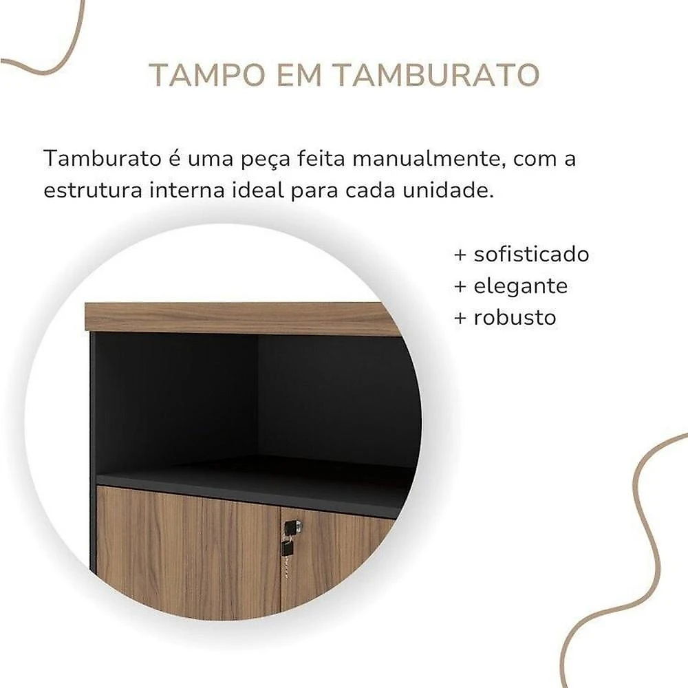 Kit Completo Escritório Mesa Tamburato 160cm Balcão com Gavetas e Armário com Nicho Nogal / Preto
