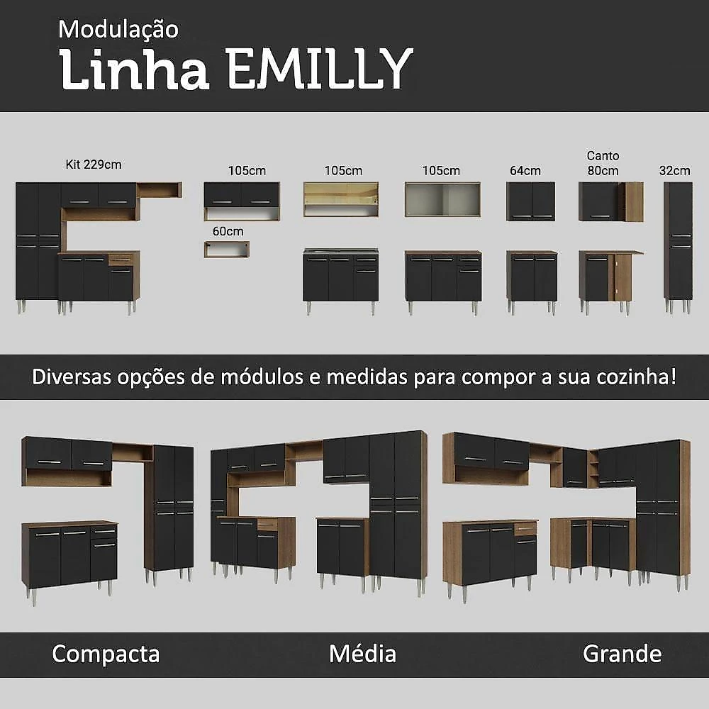 Armário De Cozinha Compacta 165cm Rustic-preto Emilly Madesa 07 Rustic-preto