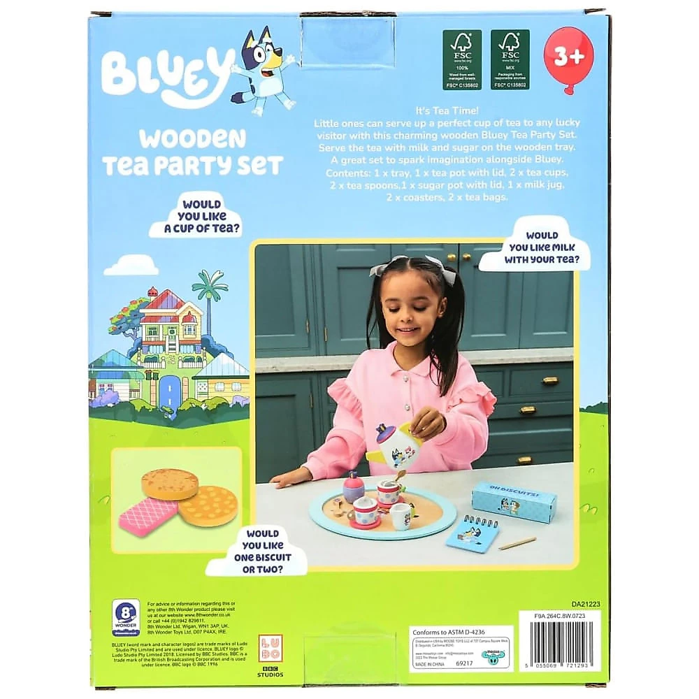 Jogo De Chá Bluey Em Madeira – 18 Peças Com Bandeja, Bule, Xícaras, Biscoitos, Açucareiro E Bloco Notas (Certificado FSC).