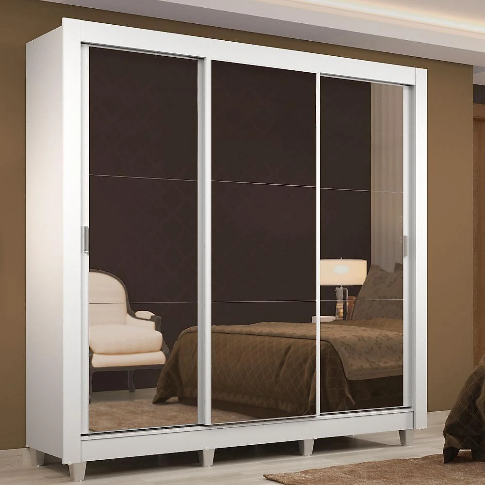 Guarda roupa casal madesa lyon 3 portas de correr de espelho 2 gavetas com pés branco
