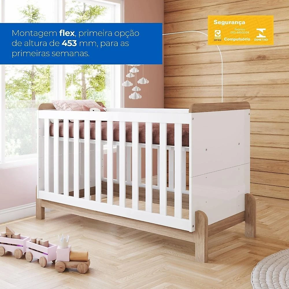 Conjunto Quarto de Bebê Berço 2 em 1 e Guarda-Roupa Yuri Branco/Jequitibá HP