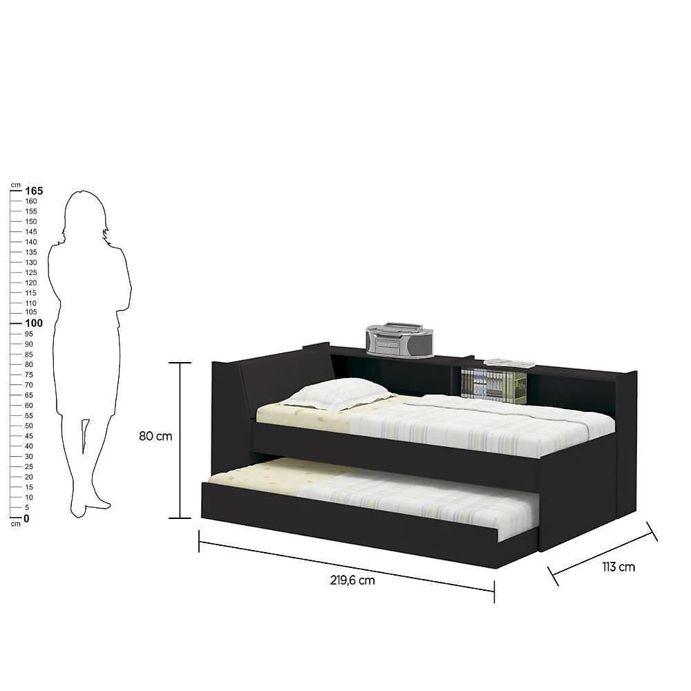 Bicama com Estante Solteiro BB2829 com Baú e Cama Auxiliar MDP-MDP Preto Ditália Móveis 219,6CM