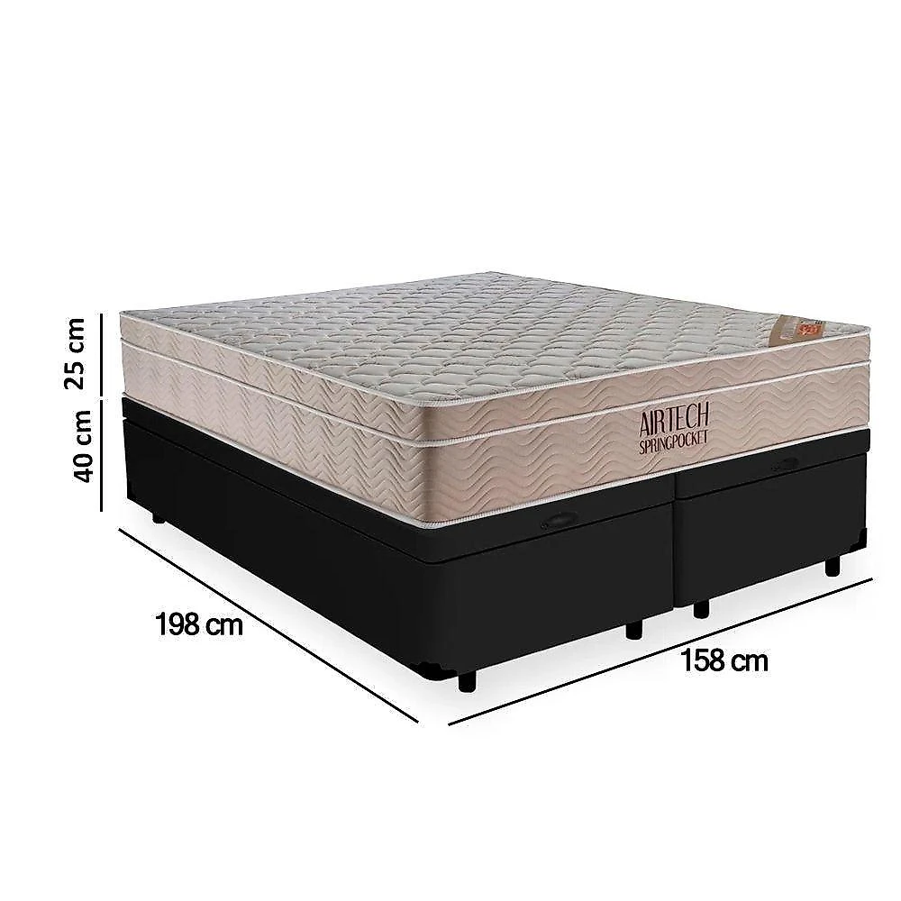 Cama Box Baú Queen Suede Bipartido + Colchão Ortobom Airtech Molas Ensacadas 65x158x198 Cor:preto