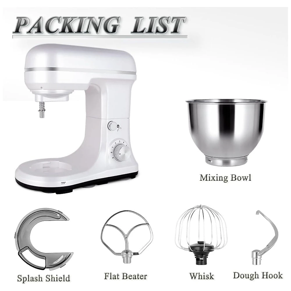 Mixer MURENKING 4,7L, 6 Marchas, Recipiente Inox, 300W, Batedor de Massas, Pás e Batedor, Forno Elétrico Doméstico - Branco