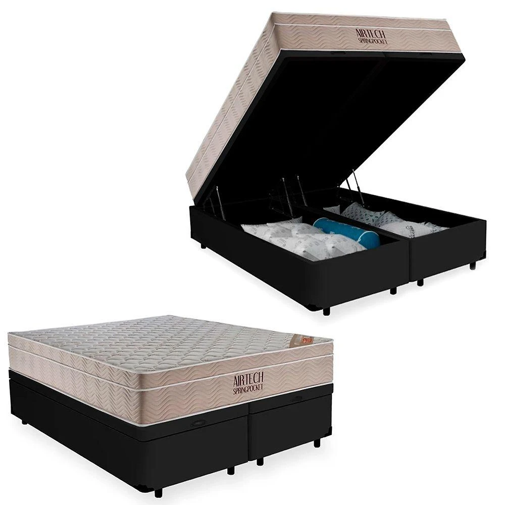 Cama Box Baú Queen Suede Bipartido + Colchão Ortobom Airtech Molas Ensacadas 65x158x198 Cor:preto