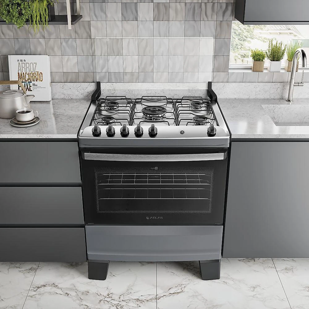 Fogão 5 Bocas Atlas Agile Up Automático Mesa Inox Titanium Bivolt