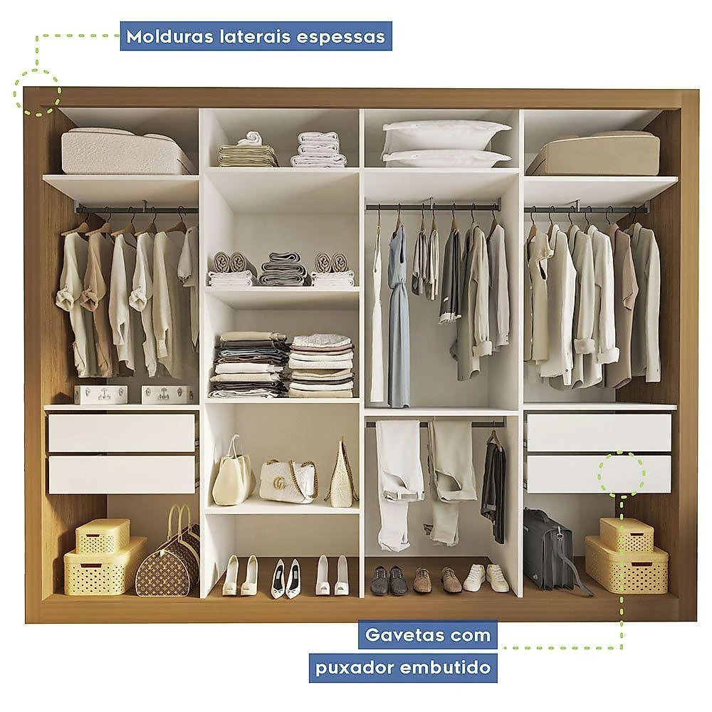 Guarda Roupa Casal Firenze Com 6 Espelhos 4 Portas Minastex Carvalho