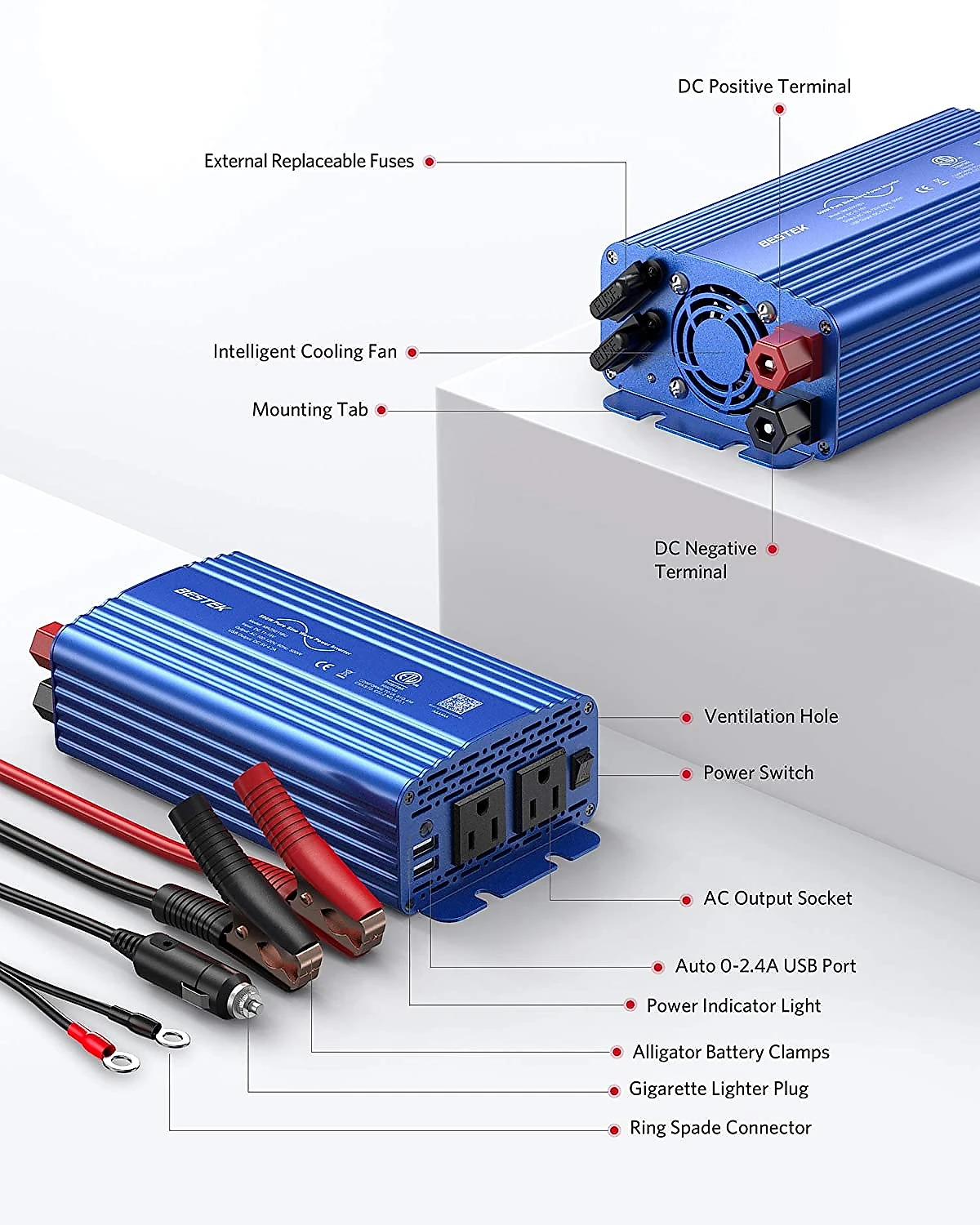 BESTEK Inversor de Potência Automotivo 500W com Portas USB e Duas Tomadas 12V a 110V