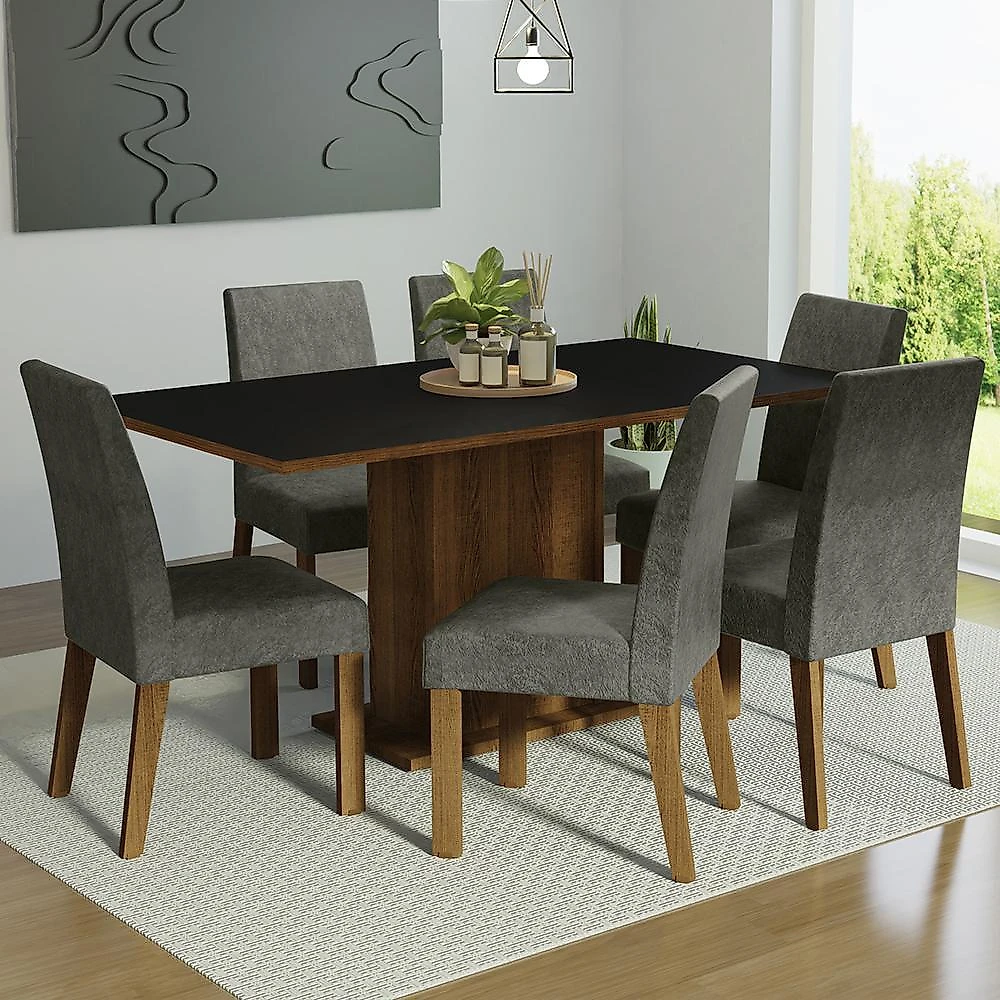 Conjunto sala de jantar mesa tampo de madeira 6 cadeiras rustic/preto/silver renata madesa