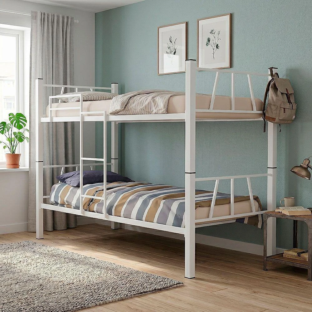 Beliche Solteiro Em Aço Estrutura Metálica Reforçada Com Escada E Colchões D33 Para Quarto - Branca