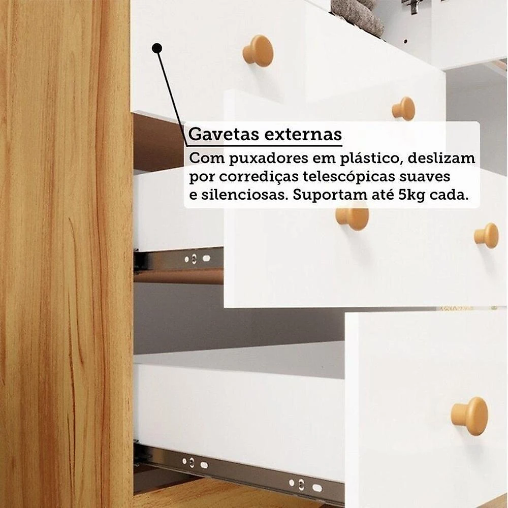 Quarto de Bebê com Berço Minicama e Guarda-roupa 3 Portas 100% MDF Nina Espresso Móveis Branco Brilho/Amêndoa