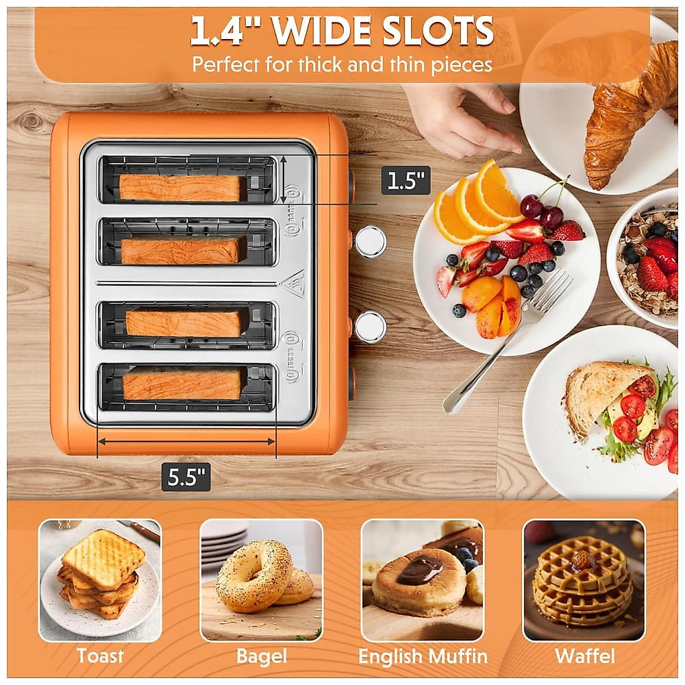 Torradeira BUYDEEM DT640 4 Pães, Fendas Ampla, Inox Retrô, Alavanca Alta, Função Bagel e Muffin, Bandeja Migalhas