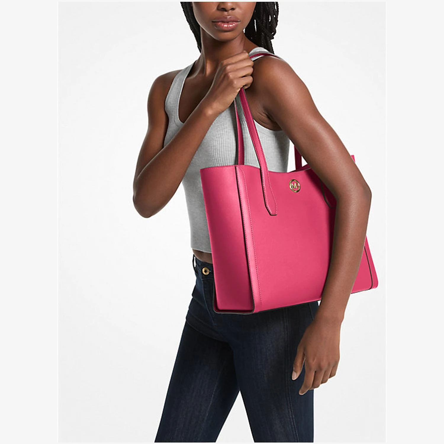 Miniatura Bolsa De Ombro Michael Kors Leida Tote Grande Electric Pink