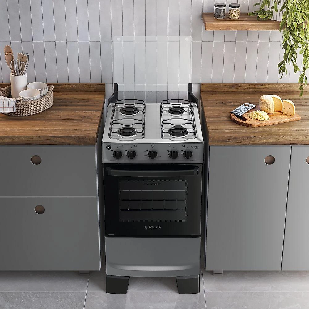 Fogão 4 Bocas Atlas Mônaco Plus Automático Mesa Inox Titanium Bivolt