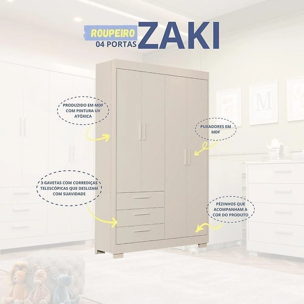 Quarto Completo Zaki com Berço 3 em 1 Katatau Branco Fosco