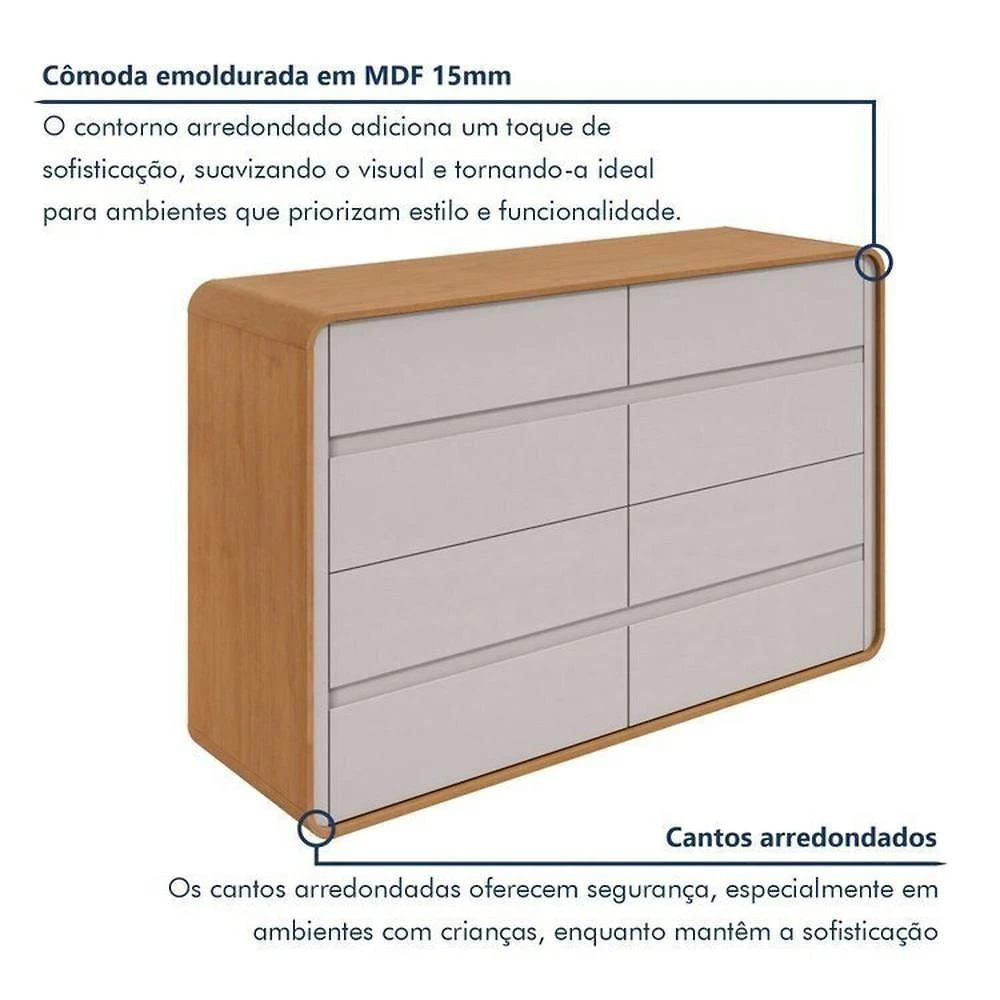 Miniatura Quarto Completo Cama Solteiro com Cômoda 8 Gavetas e Mesa de Cabeceira Amêndoa Clean/Off White