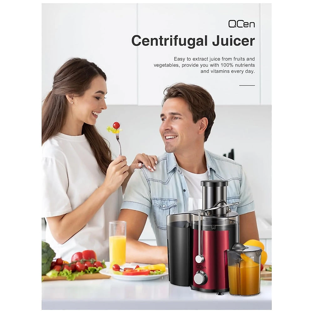 Extrator de sucos, Centrífuga de 800W com Boca de Alimentação Larga para Frutas e Vegetais, Fácil de Limpar, Aço Inoxidável, QCen