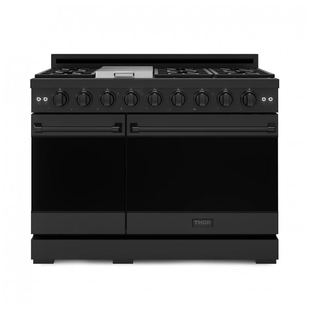 Fogão a gás profissional 122 cm Gordon Ramsay THOR Kitchen preto, 7 queimadores, chapa 15.000 BTU, 2 fornos com convecção 198 L e 62 L, 110V