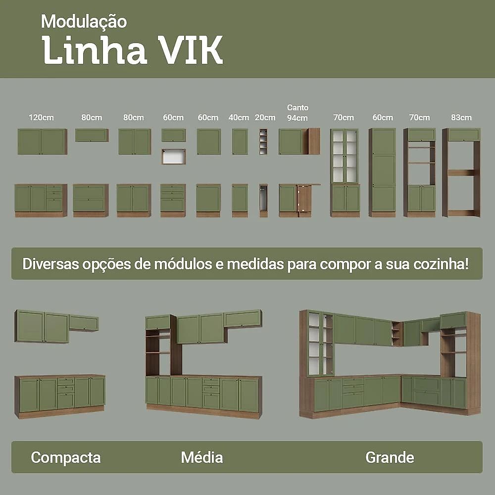 Armário de Cozinha Completa 270 cm Rustic/Verde Vik Madesa 03 Rustic/Verde