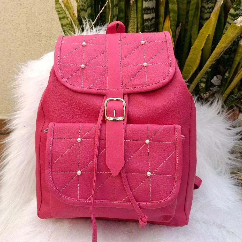 Mochila Feminina para Notebook OEM em Couro Sintético 37x40x15cm Rosa Pequena
