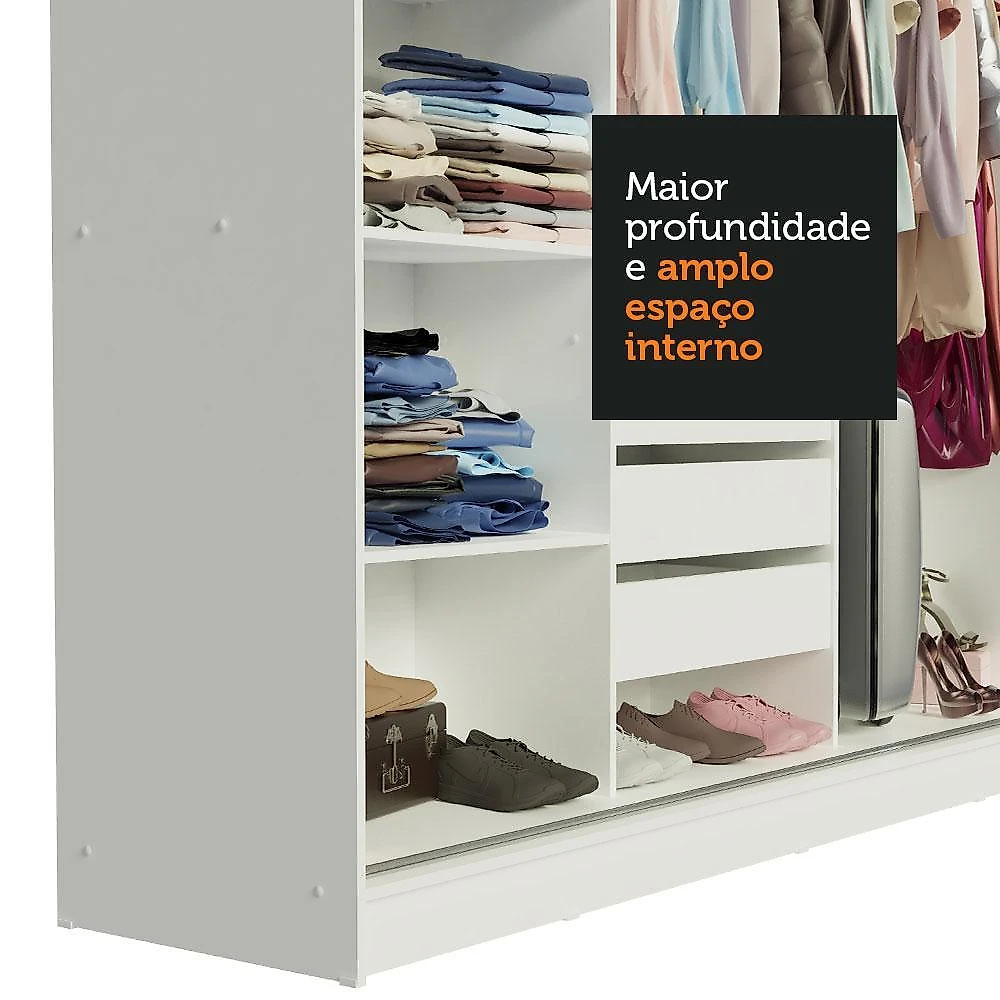 Guarda-roupa casal madesa kansas 3 portas de correr de espelho 3 gavetas branco/preto