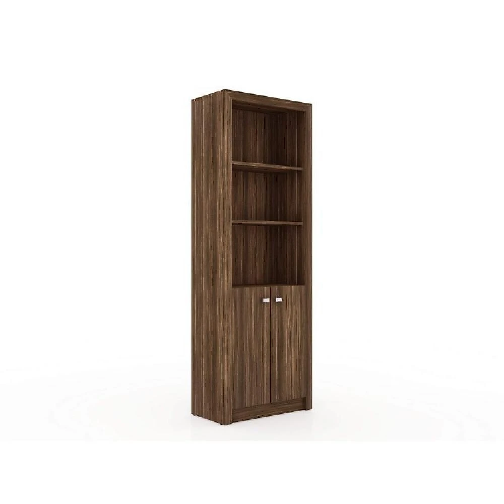 Kit 3 Peças com Mesa para Escritório em L, Estante Livreiro Aberta e Estante com 2 Portas Conjunto Home Office 3 Peças com 1 Mesa para Escritório em L 2 Estantes Espresso Móveis Nogal