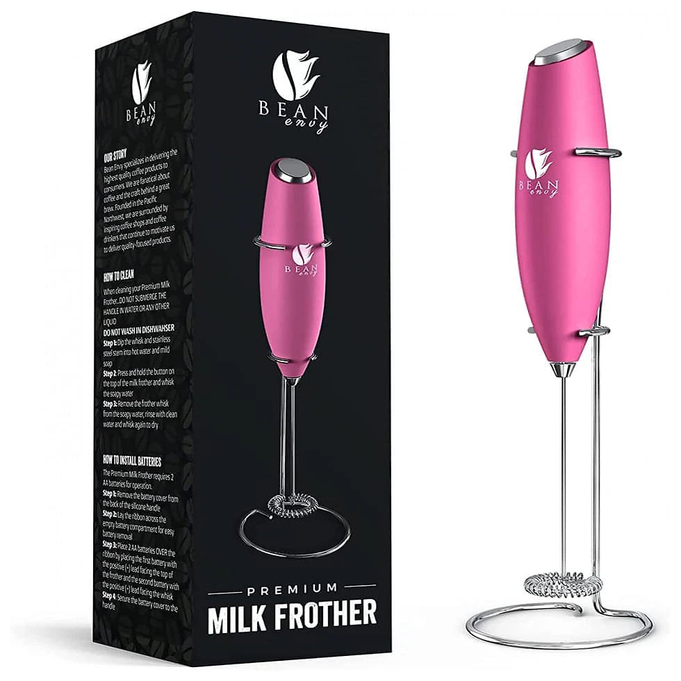 Bean Envy Espumador Elétrico de Leite em Aço Inoxidável a Bateria com Suporte, Rosa Escuro