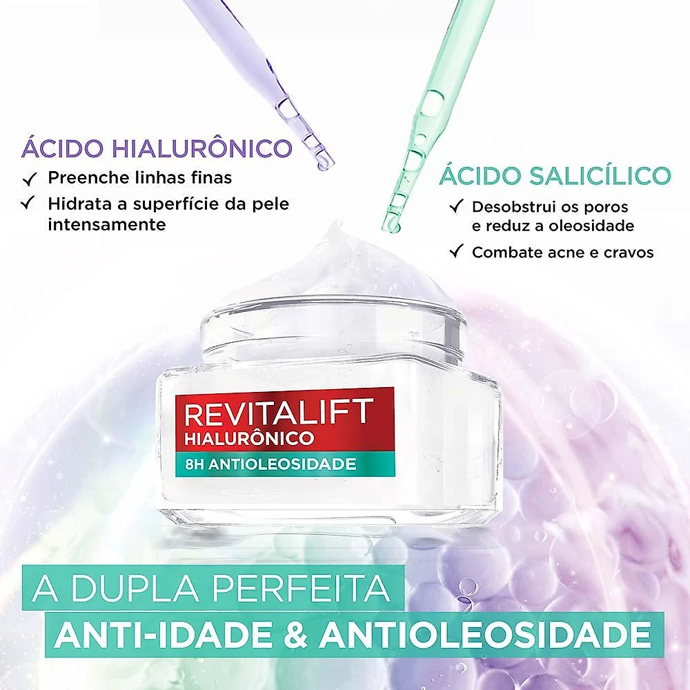 Gel creme hidratante facial antioleosidade l'oréal paris revitalif hialurônico 50ml
