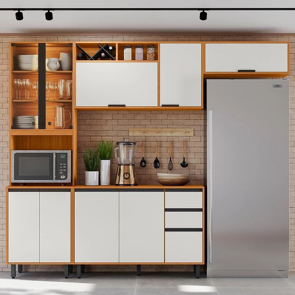 Cozinha Modulada Ravena 4 Módulos sem Porta sem Gaveta MDP 260CM Freijo Off Acetinado Poliman Móveis