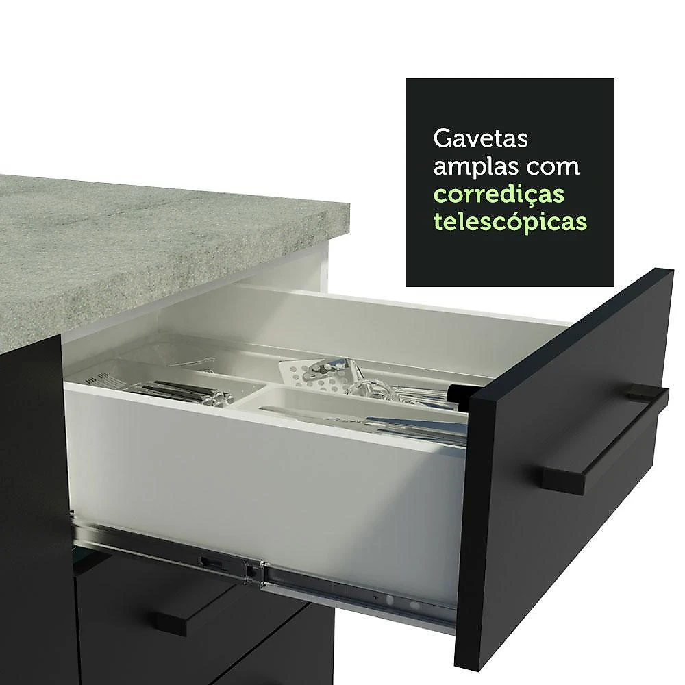 Kit com 2 balcões de cozinha madesa agata 3 gavetas 4 portas (sem tampo e pia) - branco/preto