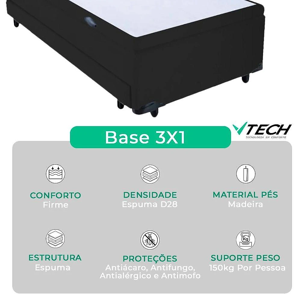 Cama Box com Baú Solteiro Victory Bicama Colchão Molas Ensacadas Euro Pillow Preto Vtech