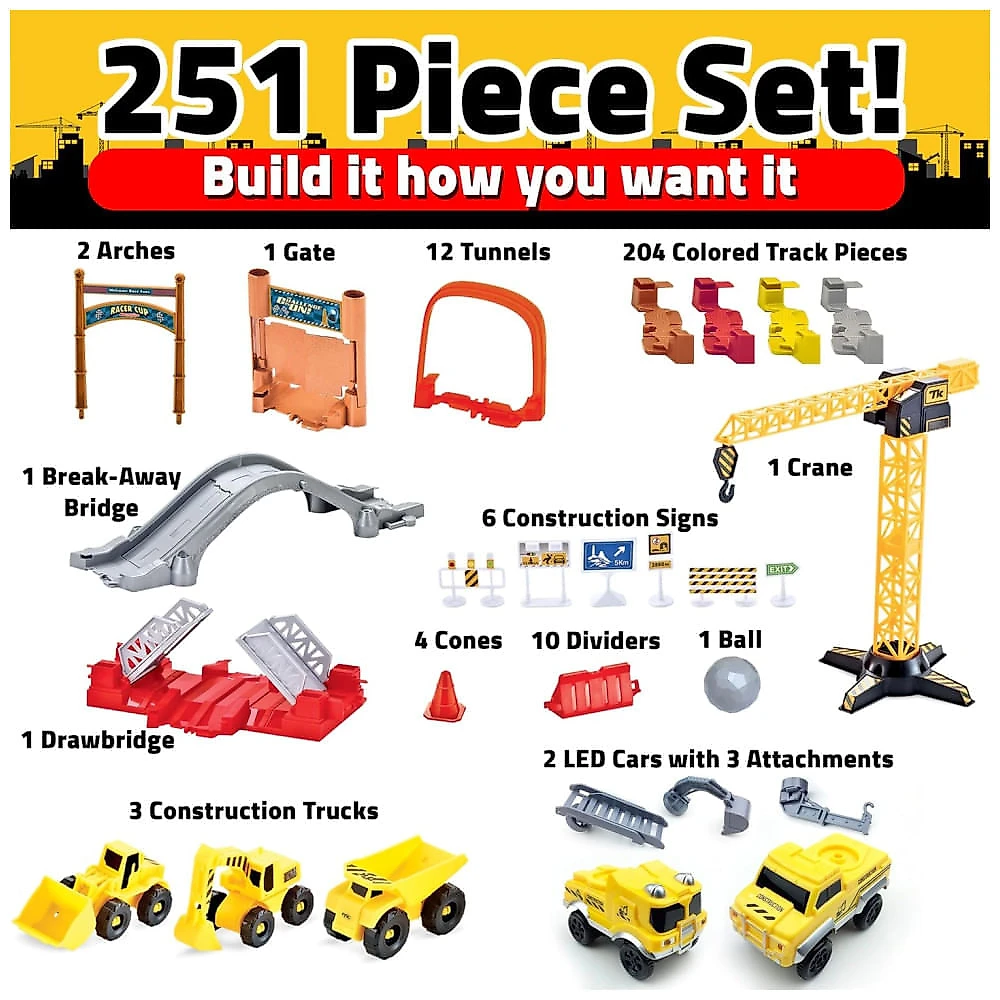 Construa emocionantes pistas de corrida com o conjunto Snap Trax 251 peças com carros de brinquedo LED Brinquedo STEM ...